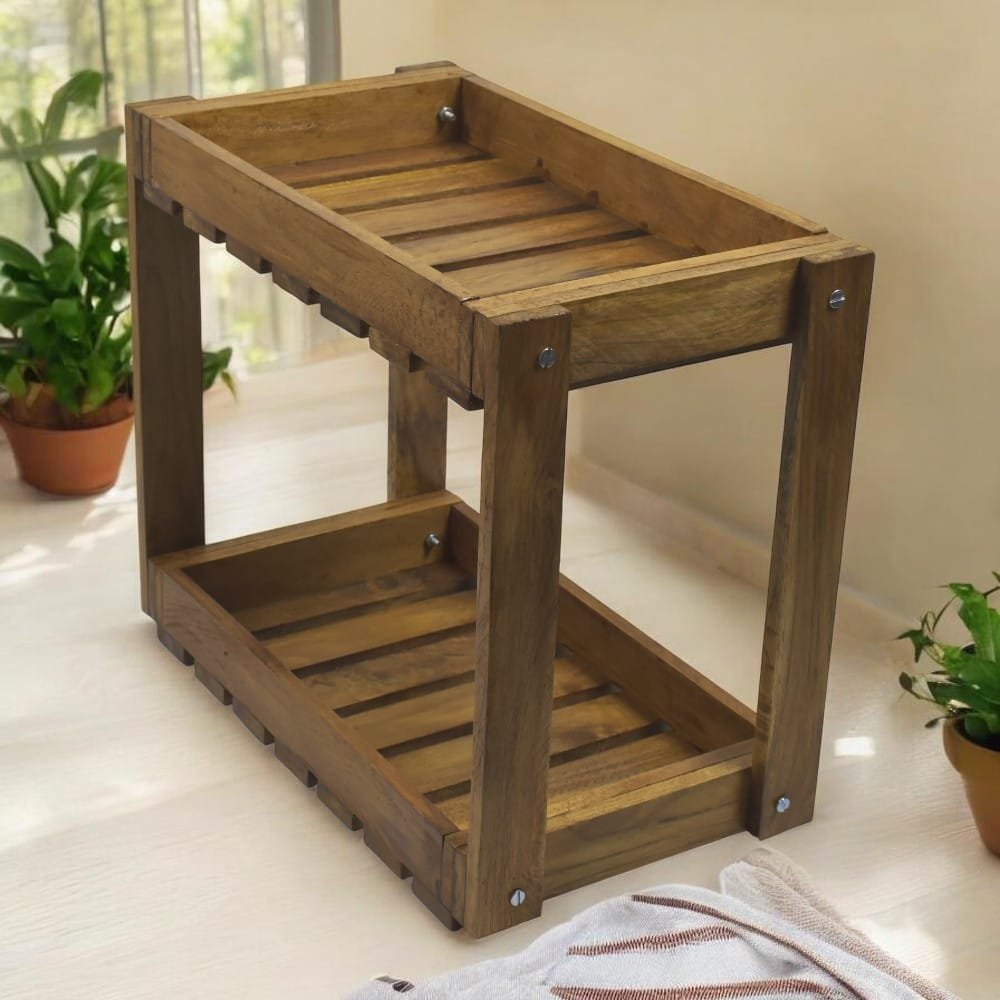 2 Tier Wooden Kitchen Rack teak wood brown glossy finish
