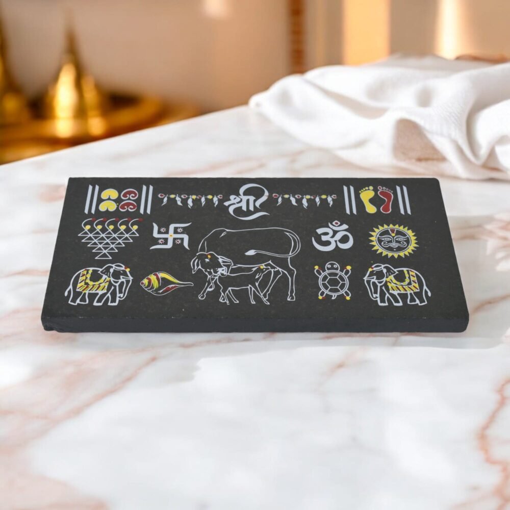 Granite Printed Rangoli 12 x 6 inches pooja decor slab with sacred symbols by WudFactory