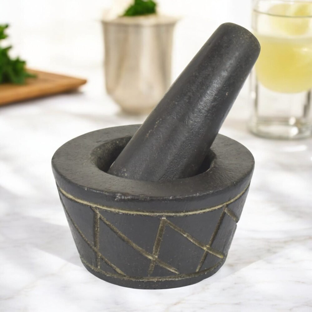 Stone Mortar and Pestle Set,Masher, Khalbatta, Musal for Kitchen, Home, Herbs and Spices on countertop.