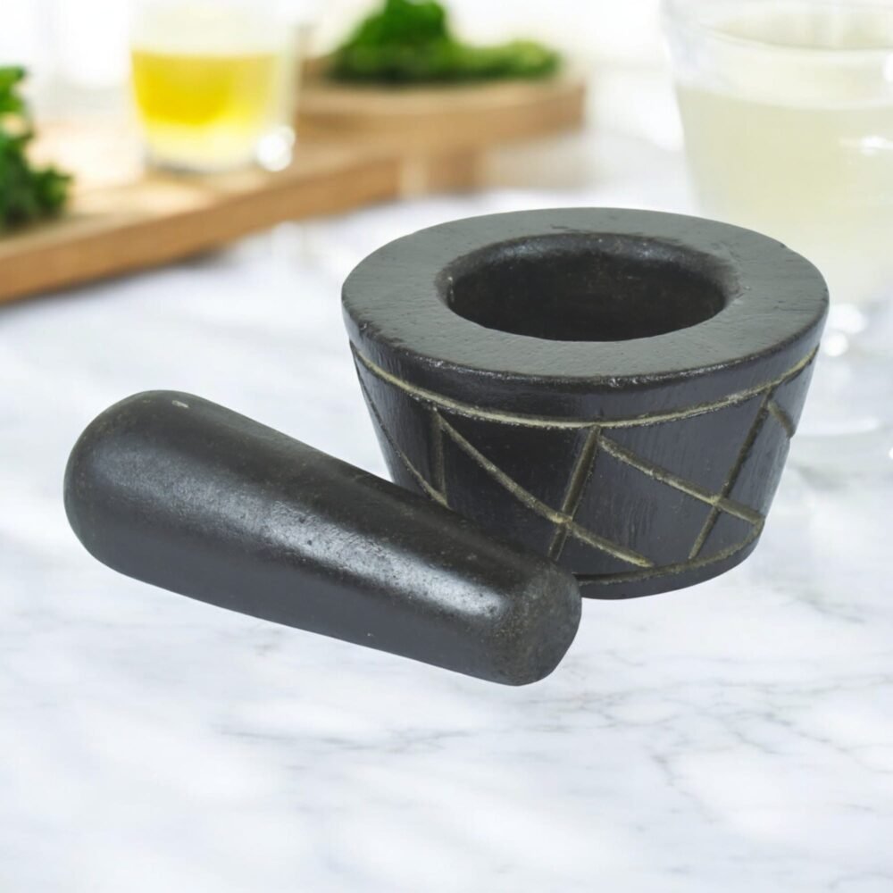 Stone Mortar and Pestle Set,Masher, Khalbatta, Musal for Kitchen, Home, Herbs and Spices demonstrating efficient grinding of herbs and spices.