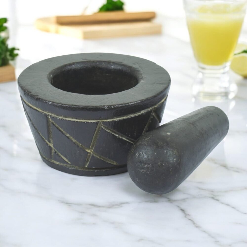 Stone Mortar and Pestle Set,Masher, Khalbatta, Musal for Kitchen, Home, Herbs and Spices demonstrating efficient grinding of herbs and spices.