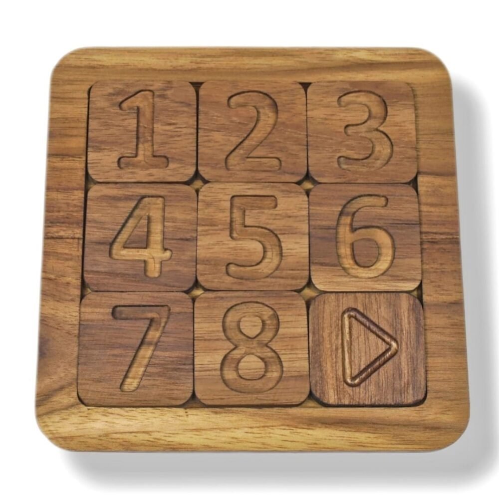 Compact wooden number slide puzzle game on a table