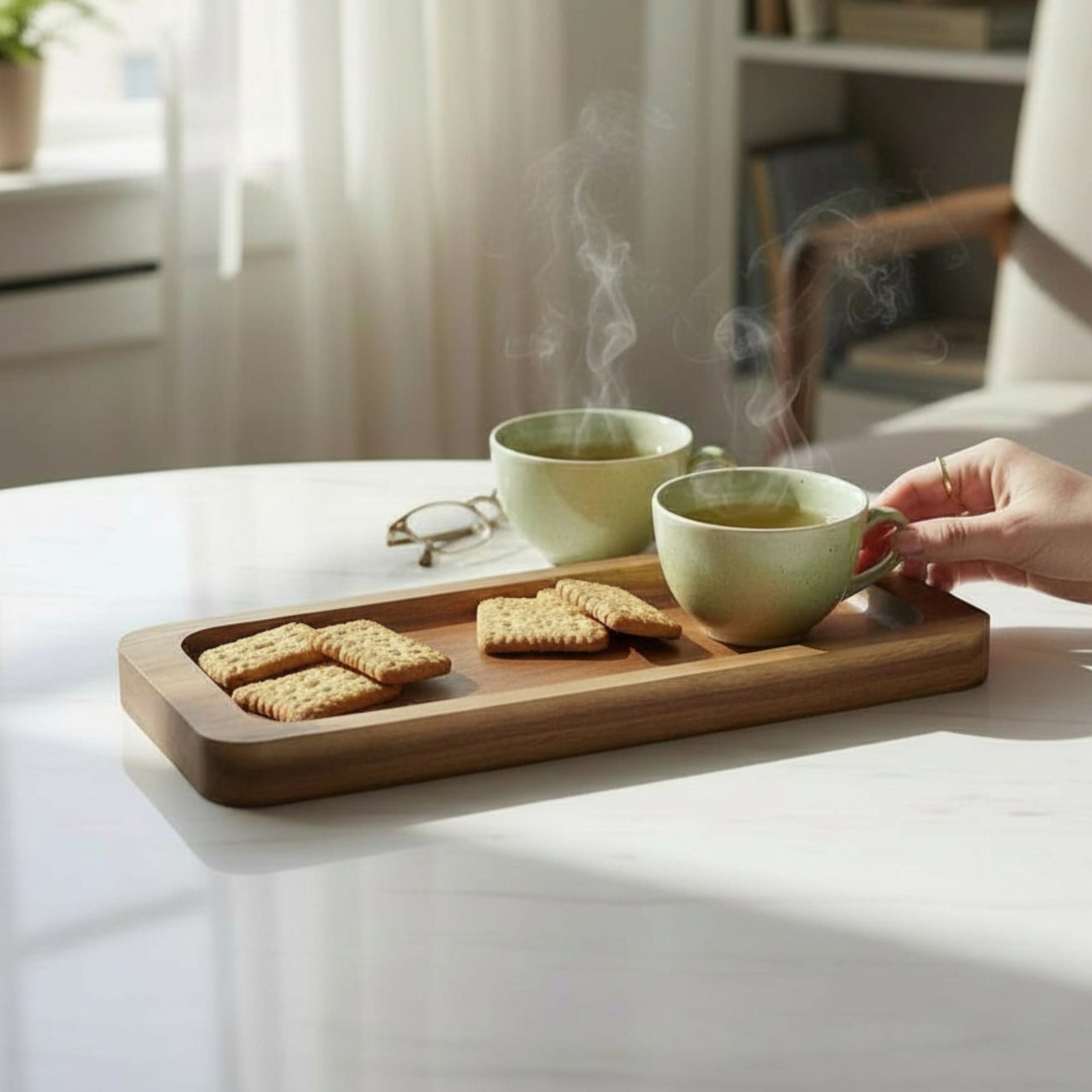 Teak Wood Tray View04 Premium Teak Wood Tray serving tea and biscuits