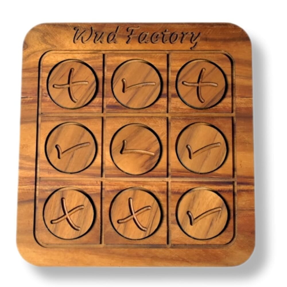 A beautifully handcrafted wooden Tic Tac Toe game set on a rustic table